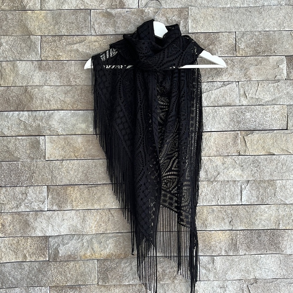 Black Fringe Crochet Wrap Scarf - Women Accessories